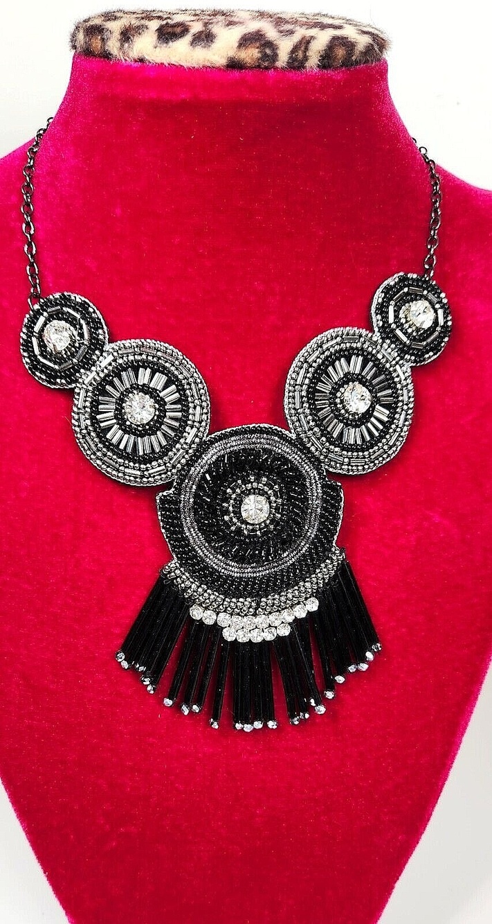 Bling Bead Medallion Bib Necklace Black Silver 19 in. Pageant Formal Glass